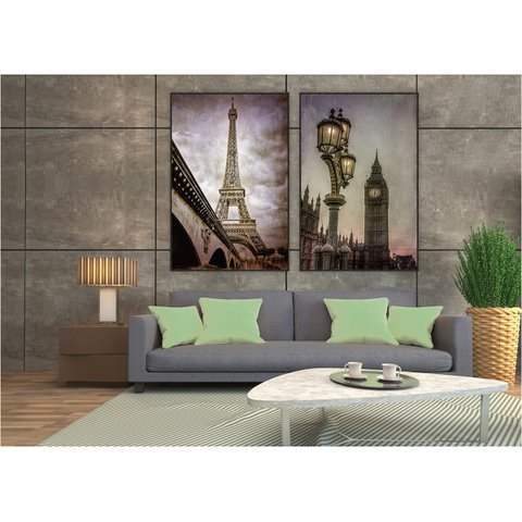 kit com 2 Quadros Decorativos Cidades com Moldura e Vidro para Sala Quarto Escritório e Clínica 62x9