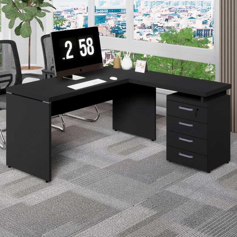 Mesa em L Escritório 1,50m Gaveteiro 4 Gavetas Pé Painel F5 Cor:preto