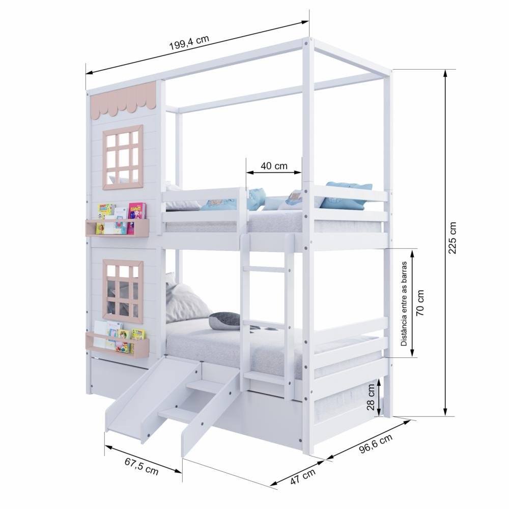 Treliche Casinha Reta com 02 Janelas e Escorregador Madeira Maciça Branco/ Rosa Housin - 4