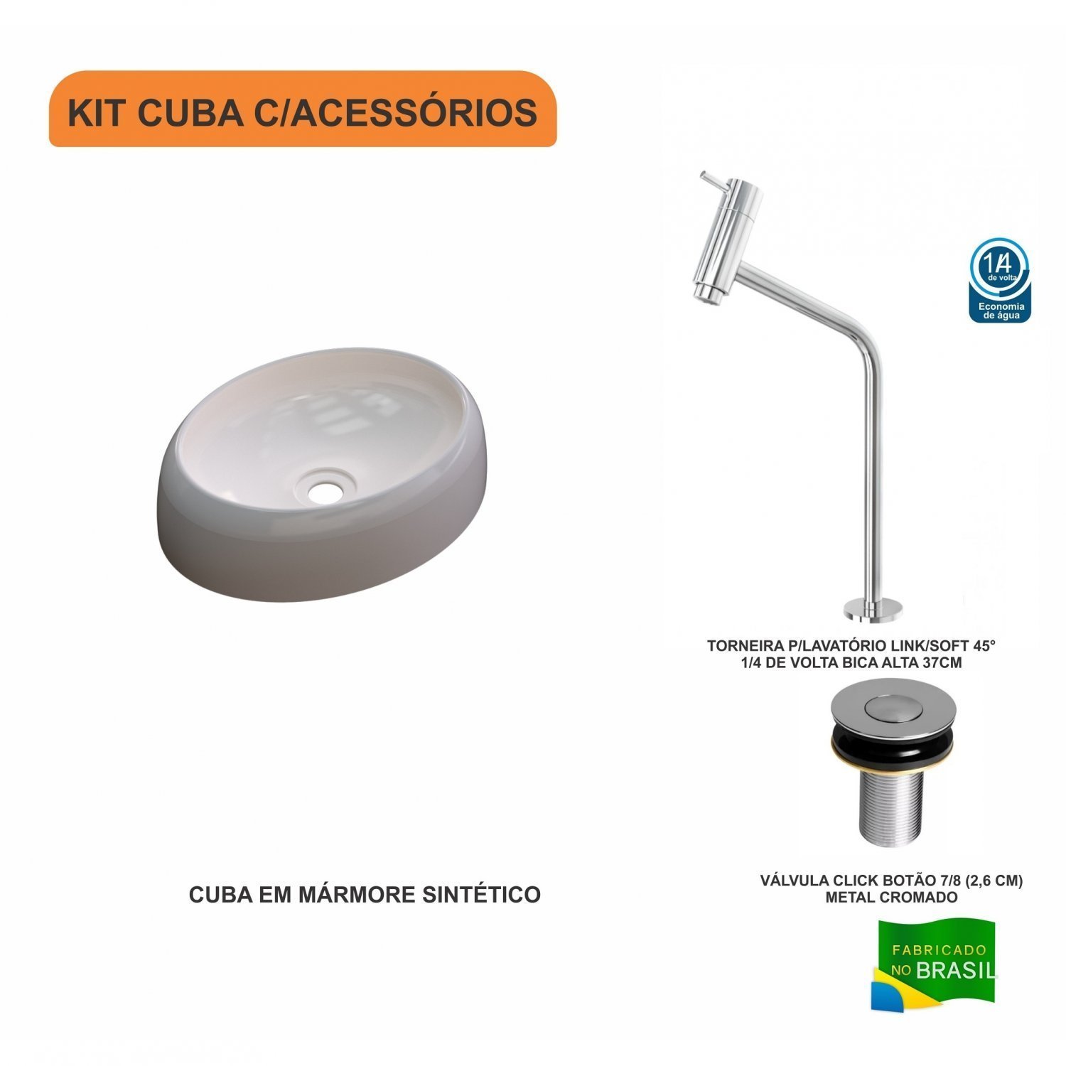 Kit Cuba Ov39 com Torneira Link 1062 Metal e Válvula Click 1 Polegada B Compace - 3
