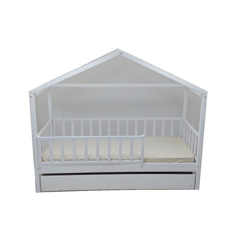 Bicama Solteirão Frente Casinha Montessoriana Madeira Maciça Pinus - Branco - Grade Vertical Complet