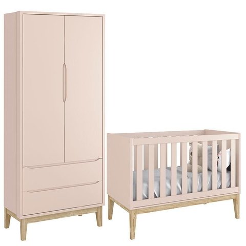 Berço Americano e Guarda Roupa Classic 2 Portas Rosa com Pés Madeira Natural – Reller