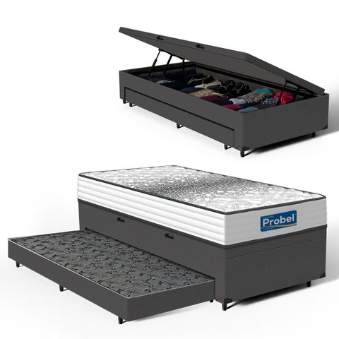 Cama Box Baú com Colchão de Molas Ensacadas Double Face Essence Probel + Auxiliar Solteiro 88cm