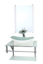 Ver imagem 1 de GABINETE DE VIDRO PARA BANHEIRO 60CM AC CUBA OVAL CHANFRADA BRANCO COM TORNEIRA CASCATA