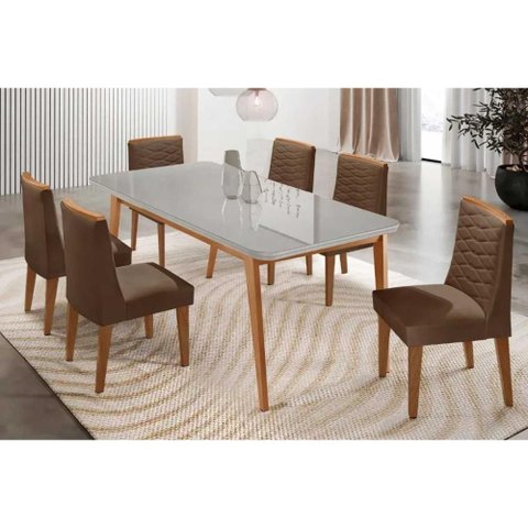 Conjunto: Mesa Sala Jantar Havana Tampo c/ Vidro Curvo 180cm+6 Cadeiras Maldivas Madeira Naturale/