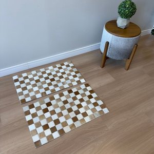 Kit Passadeira 70x40cm em Couro Bege Xadrez Quadriculado Placas 5cm