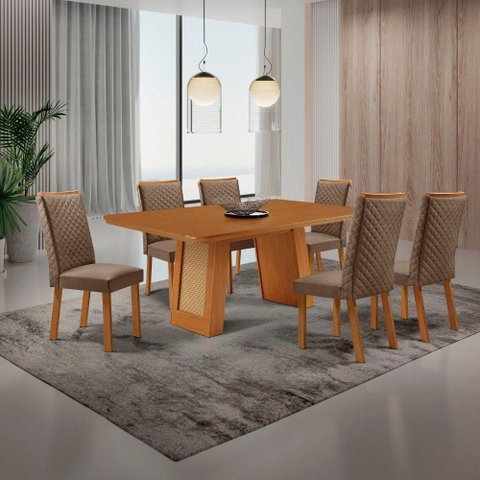 Mesa Carolina 6 Lugares Retangular MDF 180cm com Cadeiras Lira Caramelo Moderna