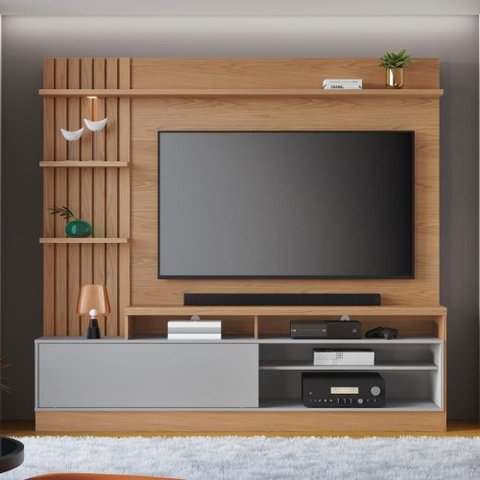 Home Theater Maceio para TV 65 Polegadas 200cm MDP com LED Freijó Cinza Colibri Móveis