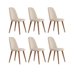 Conjunto com 6 Cadeiras de Madeira Maciça Estofada New Drop - Natural C/ Linho Bege - Cobre - 1