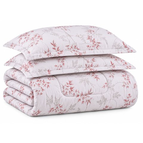 Kit Edredom Cobertor Zurique Queen Dupla Face Micropercal Estampado 400 Fios 3 Peças Floral Rosê