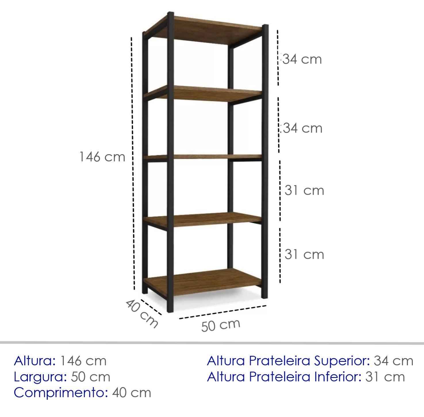 Estante Industrial 5 Prateleiras para Livros Aço Madeira - 4