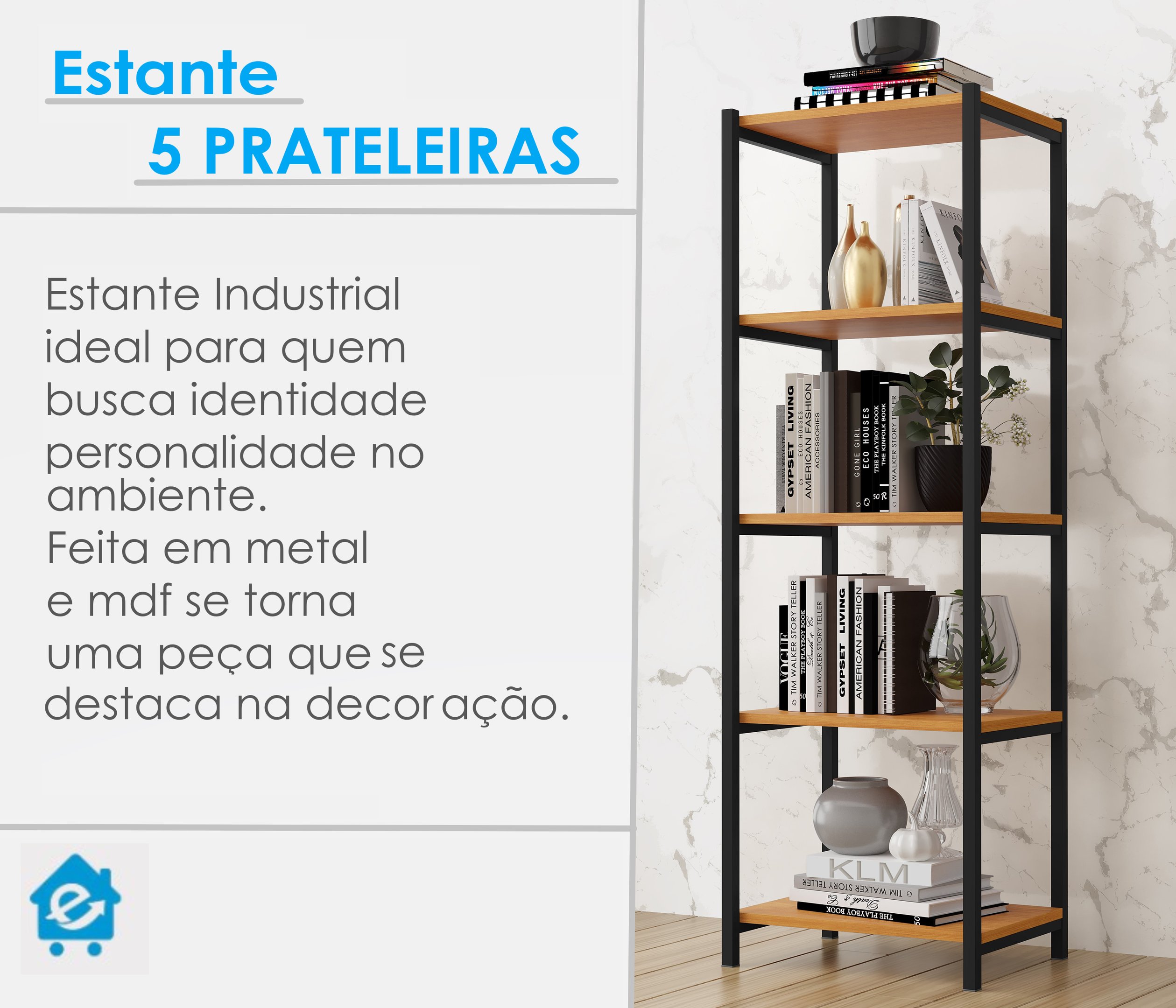 Estante Industrial 5 Prateleiras para Livros Aço Madeira - 3