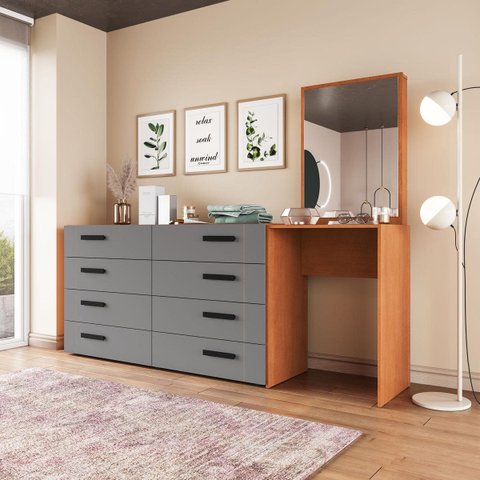 Cômoda Penteadeira Lisboa 8 Gavetas com Espelho 209x160cm Cinza/Freijó 250798