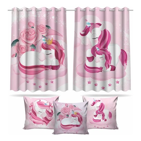 Kit Cortina + 3 Capas Almofadas Infantil Unicórnio Mod 02