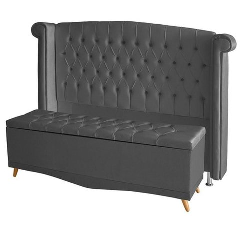 Kit de Quarto Cabeceira de Cama Box e Calçadeira Baú Toquio Casal 140 Cm Suede Grafite Eli Móveis