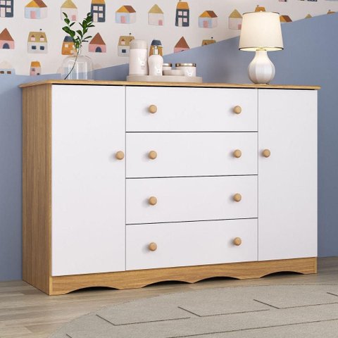 Cômoda Infantil 125cm 2 Portas e 4 Gavetas Realeza Multimóveis Mp4455 Madeirado/branco