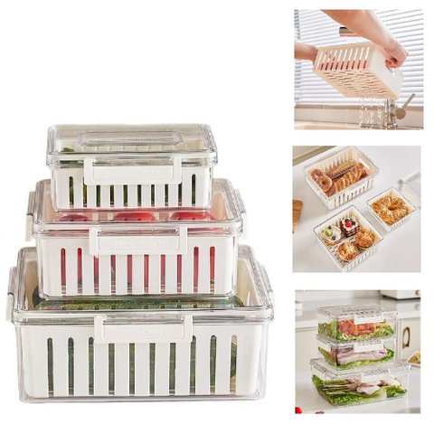Kit 3 Potes Hermeticos Organizador Geladeira Fresh Box com Cesta Escorredor Removivel Acrilico