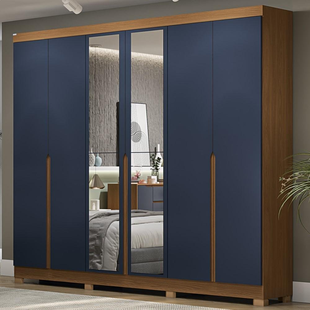 Guarda Roupa Casal 6 Portas com Espelho Kappesberg Canela/azul