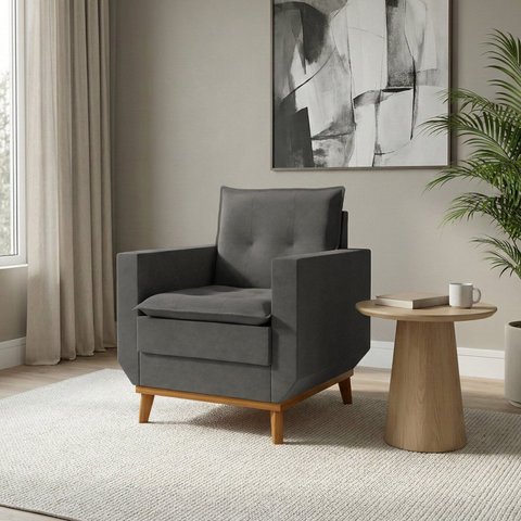 Poltrona Decorativa com Pillow Top e Base em Madeira Zeus