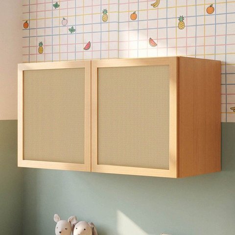 Armário Aéreo 120cm em Madeira Maciça e Rattan Magna Kids Casatema MadeiraOriginals Marrom/Mel
