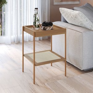 Mesa Lateral Quadrada C/ Prateleira 43cm Palhinha Pé Metal Oslo Artesano | Hanover/dourado