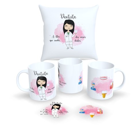 Kit com 1 Caneca de Porcelana e 1 Almofada 30x30cm Personalizadas Profissões Fofas "dentista"