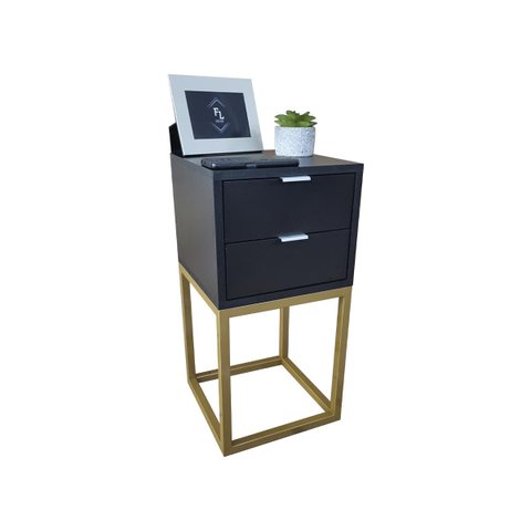 Mesa de Cabeceira Industrial 30cm Preto 2 Gavetas Pés Ferro Dourado para Quarto Cama