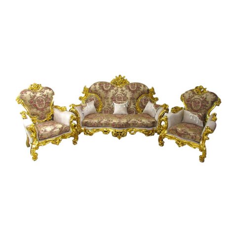 Jogo de Sofá Clássico Bege Floral com Detalhe Dourado + Par de Poltronas - 150x256x70 / 135x102x70