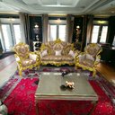 Ver imagem 2 de Jogo de Sofá Clássico Bege Floral com Detalhe Dourado + Par de Poltronas - 150x256x70 / 135x102x70