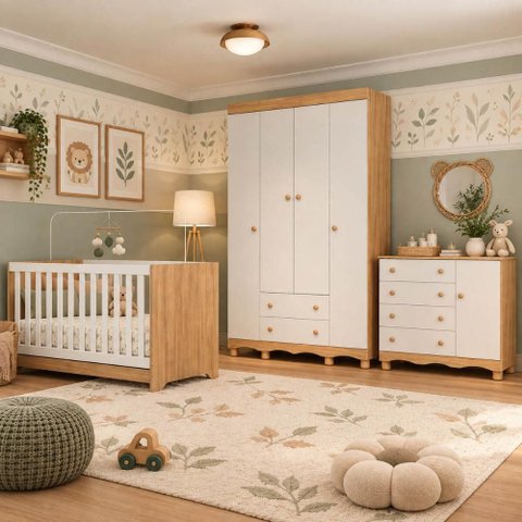 Quarto de Bebê Completo com Berço Americano 3 em 1 p/Colchão 130x70cm Flor Multimóveis MP4937