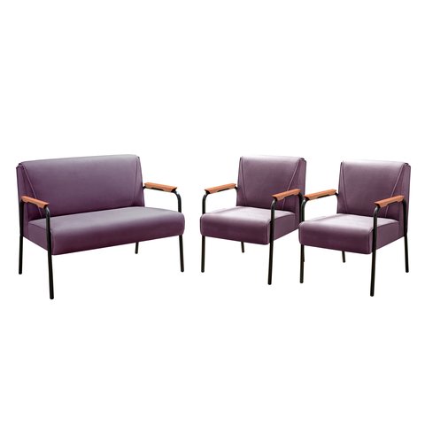 Kit Namoradeira + 2 Poltronas Jade Braços Metal Decoração Recepção Sala - Veludo Roxo