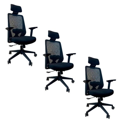 Kit 3 Cadeiras de Escritório Oficial Comfort Max Ergonômica com Revestimento em Couro Sintético