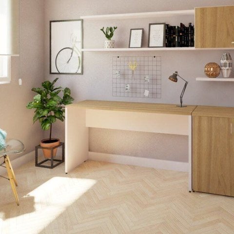 Escrivaninha Mesa Escritório 100% MDF 250CMX47CM 180cm Branca e Carvalho Mel Bege