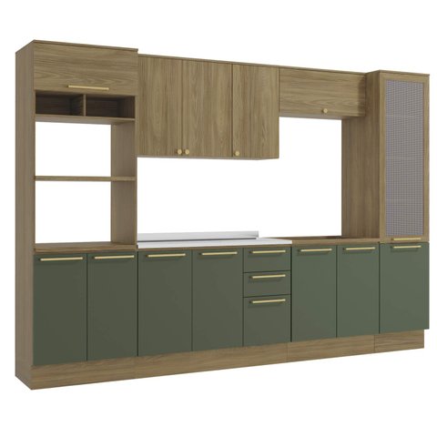 Armário de Cozinha Modulada Completa Reta 7 Peças 3,20m Botanic Kappesberg - Nogueira/verde Oliva