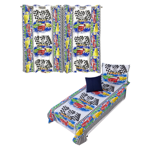 Kit Colcha Cobre Leito + Cortina Infantil Solteiro 4p Menino Menina Personagens:carros