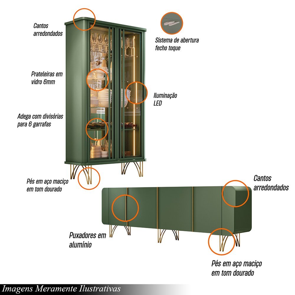 Conjunto Cristaleira Buffet com LED Portas de Vidro Pés Aço Maciço Cor Dourado Texas/Virginia Verde  - 3