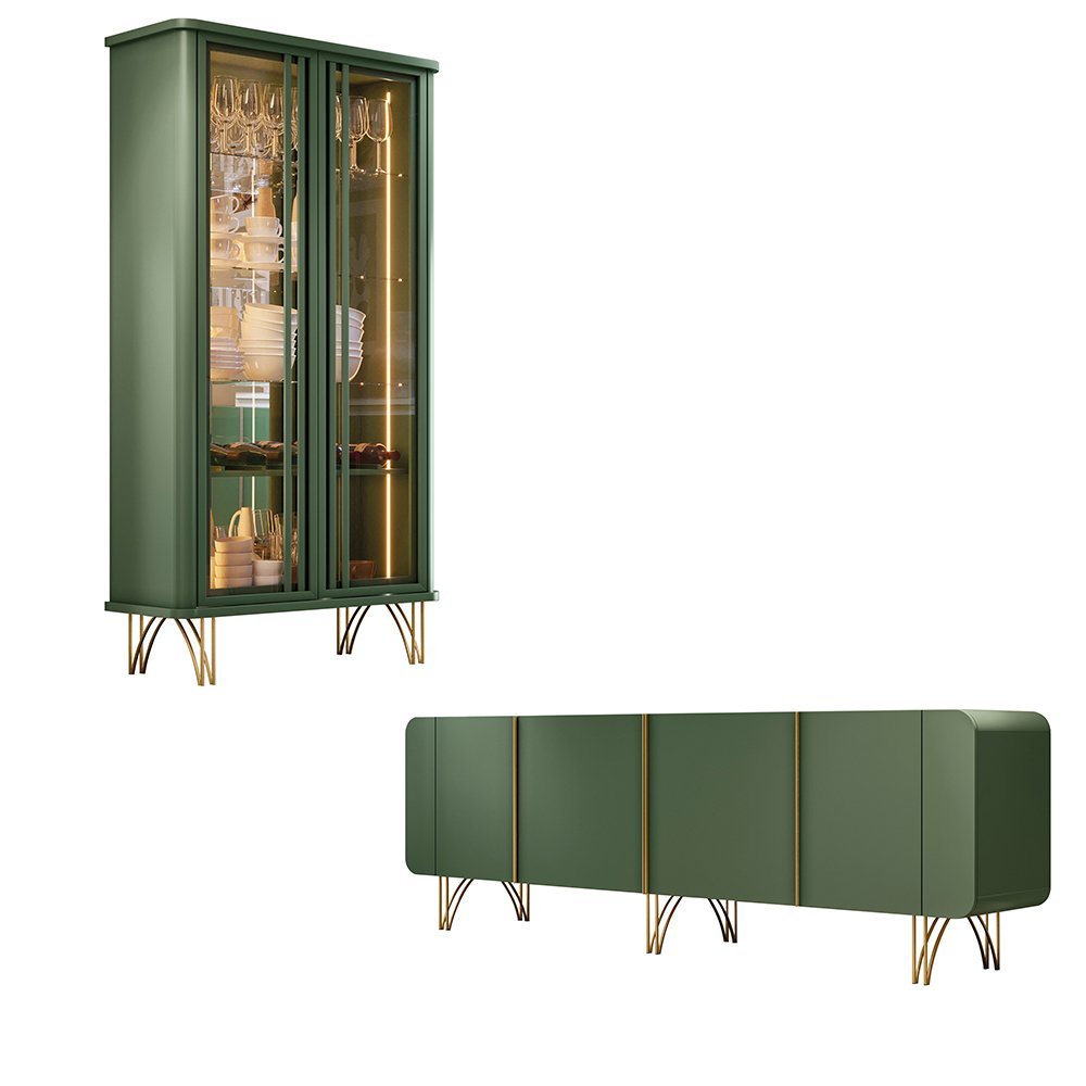 Conjunto Cristaleira Buffet com LED Portas de Vidro Pés Aço Maciço Cor Dourado Texas/Virginia Verde  - 2