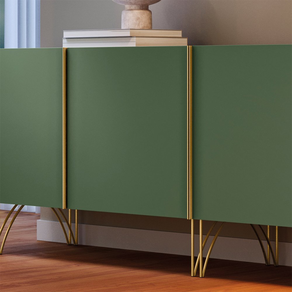 Conjunto Cristaleira Buffet com LED Portas de Vidro Pés Aço Maciço Cor Dourado Texas/Virginia Verde  - 7