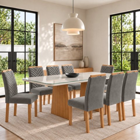 Conjunto Sala de Jantar 8 Lugares Retangular Tampo Vidro/MDF 200x90cm Mesa Lyra e Cadeiras Carol