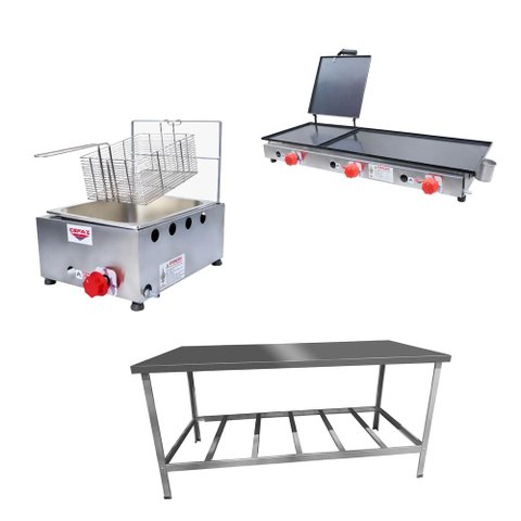 Kit Lanchonete Mesa de Manipulação 190x70cm + Fritadeira a Gás 1 Cuba + Chapa a Gás 90cm