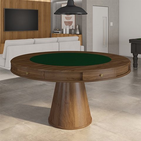 Mesa de Jogos Carteado 6 Lugares Bellagio com Gavetas e Tampo Reversível Base Cone com Tecido Noguei