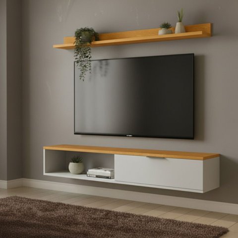 Rack TV 55 pol. Suspenso 136cm 1 Porta Lila Off/Nature Z49 - Mpozenato
