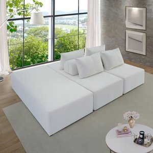 Sofá Ilha na Caixa em Módulos Mobili Puff 2 Chaises Boucle Bege Estofama