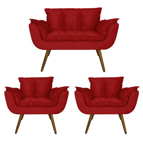 Jogo Namoradeira e 2 Poltronas Estofadas Sala de Visitas Opala Suede Vermelho - LM DECOR