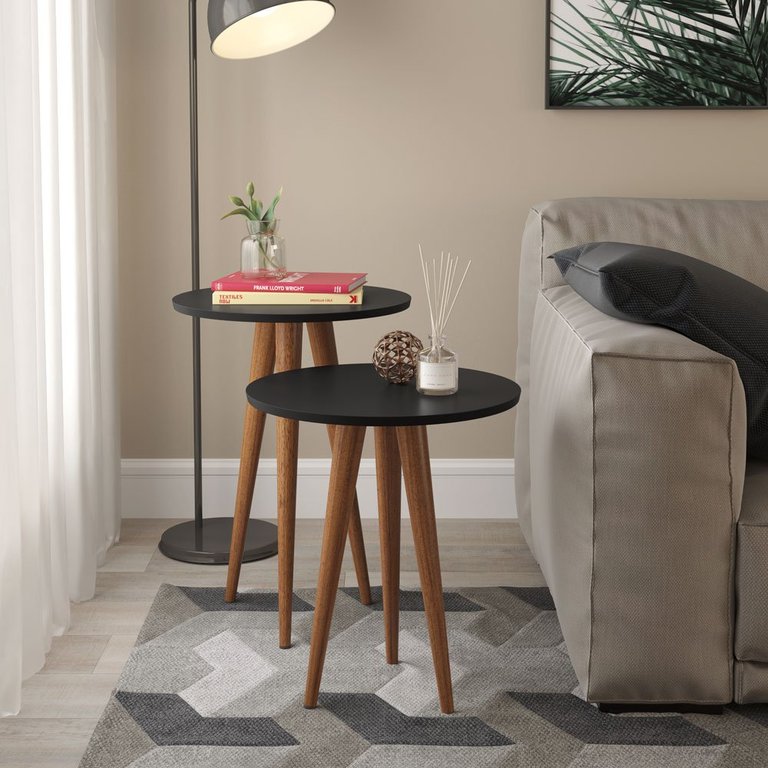 Conjunto de Mesa de Canto Lateral Decorativa para Sala de Estar Pés de Madeira Slim Preto