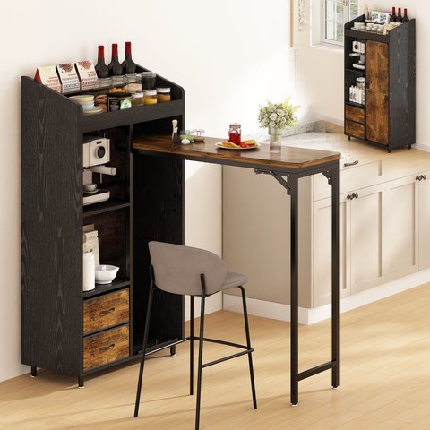 Bancada Balcão/mesa de Cozinha com Mesa Dobrável e 2 Gavetas Preto e Madeira