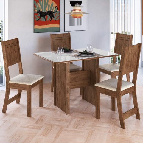 Conjunto Sala de Jantar Fidelitá Atenas 110cm com 4 Cadeiras Noce/off-white Assento Linho