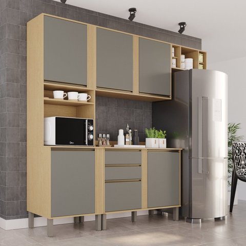 Cozinha Compacta Modulada 4 Peças 5 Portas 2 Gavetas Pérola Cinza/Jequitibá/Granizo