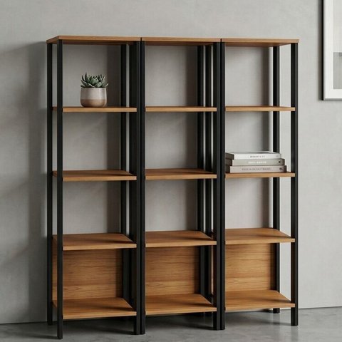 Kit 3 Estantes para Livros 5 Prateleiras 135CMX33CM Office Laranja/Freijó/Preto