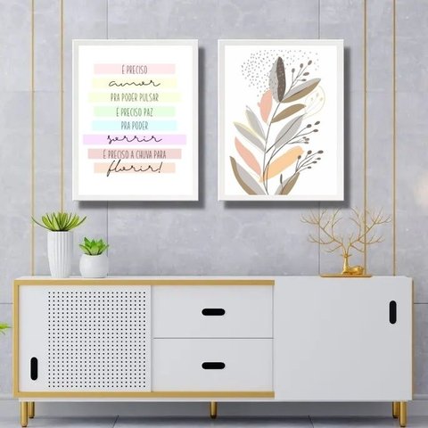 Kit 2 Quadros Suaves Boho para Sala 24x18cm - com Vidro:moldura Branca